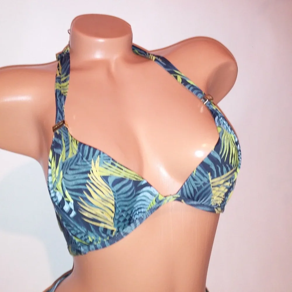 Victoria Secret Swim Bikini Medium Top & Bottom Green Black Floral Tropical New